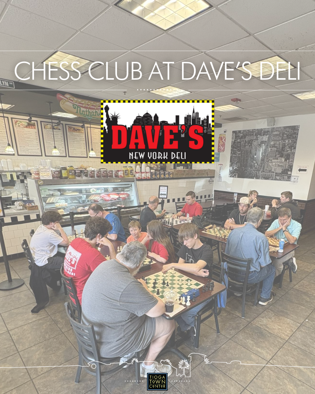 Event image of people playing chess at Dave's New York Deli