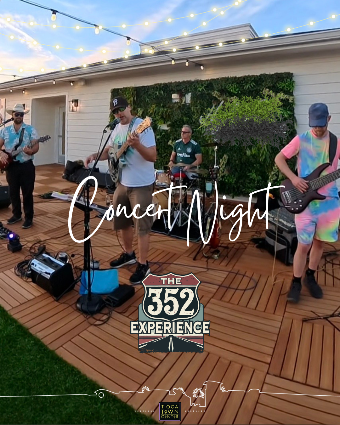 Picture of the 352 Experience with band logo, string lights, Tioga Town Center skyline sketch, and Tioga Town Center logo