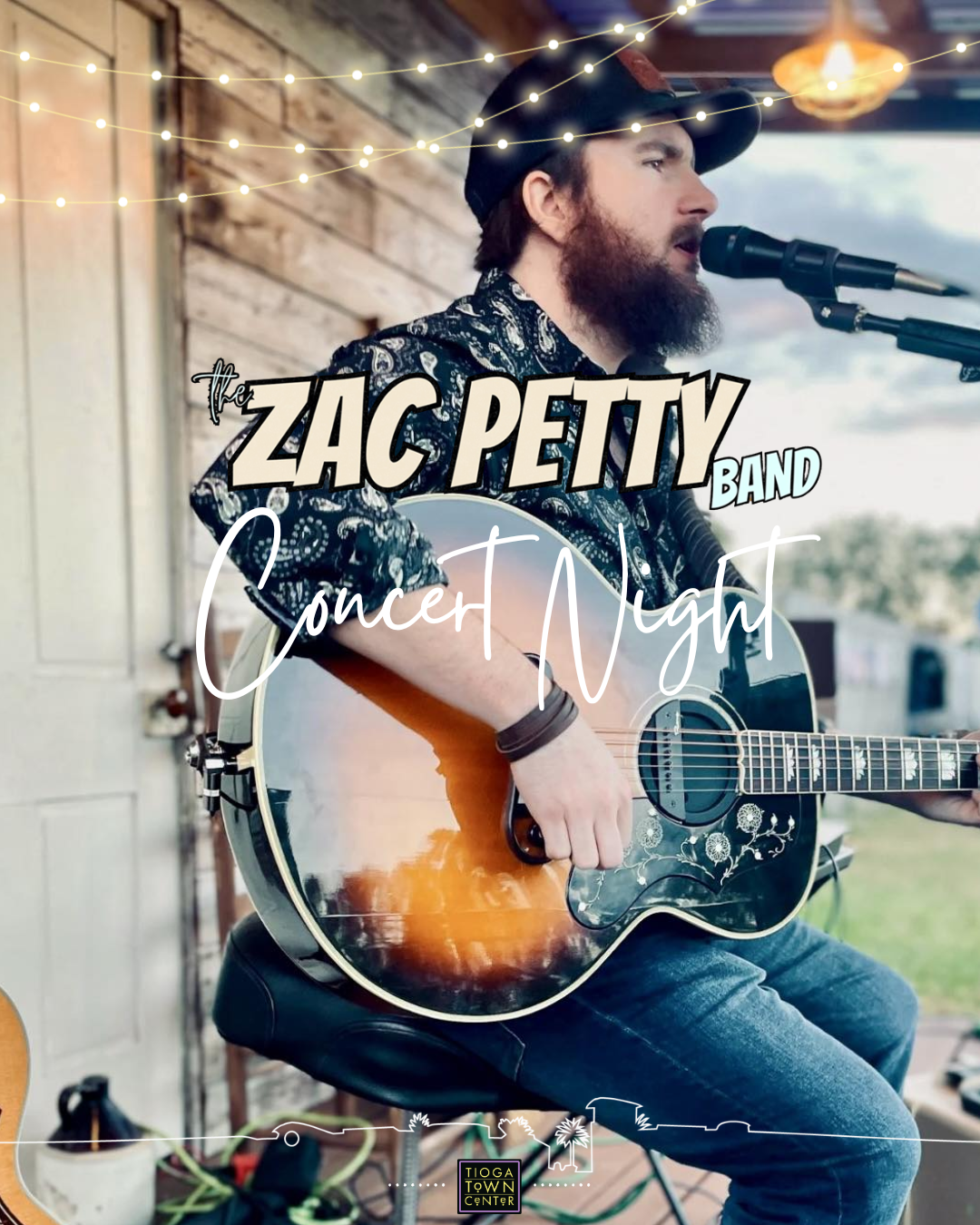Picture of Zac Petty with band logo, string lights, Tioga Town Center Skyline and Tioga Town Center Logo