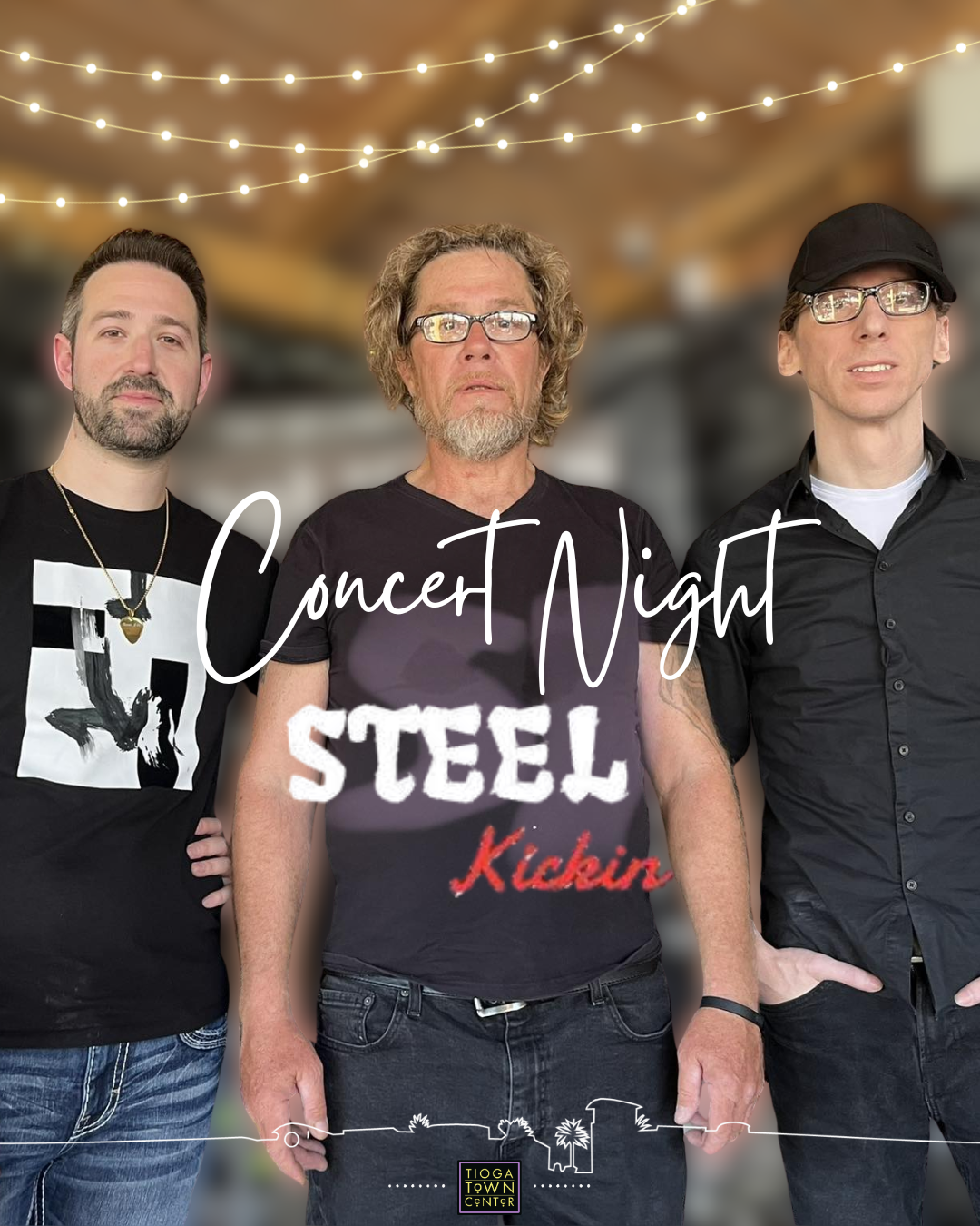 Picture of Steek Kickin Band with band logo, string lights, Tioga Town Center skyline sketch, and Tioga Town Center logo