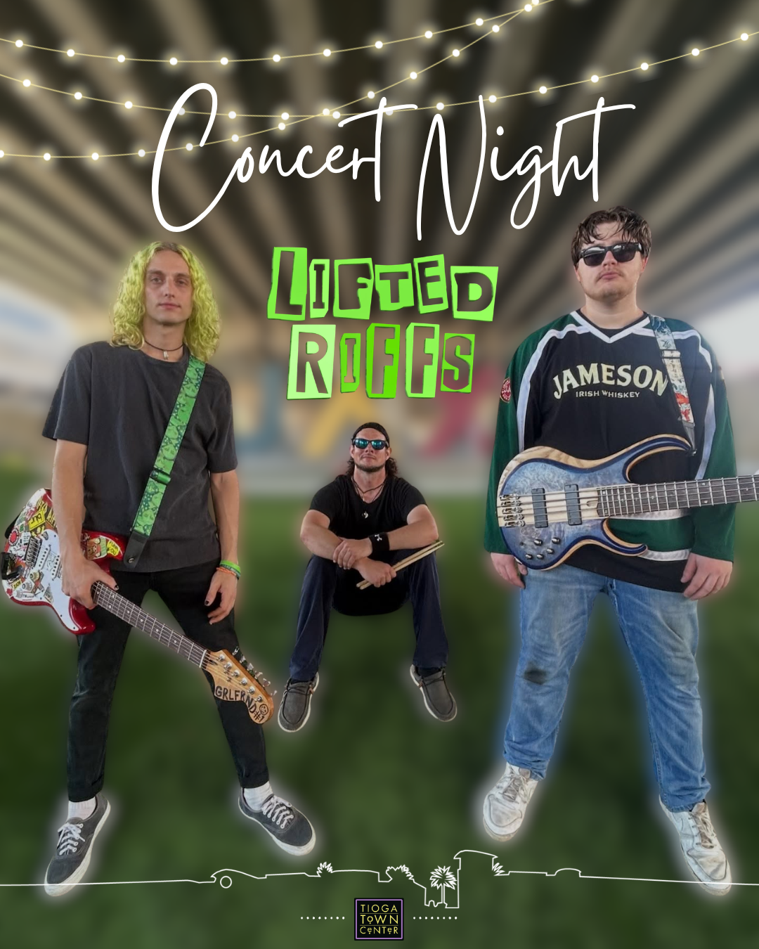 Picture of Lifted Riff band, with band logo, string lights, Tioga Town Center skyline sketch, and Tioga Town Center logo
